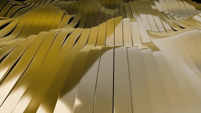 Luxury 3D golden low poly landscape undulating seamless loop. Premium gold metallic stepped wave layers background. Elegant corporate wealth motion graphics 4K 24fps.