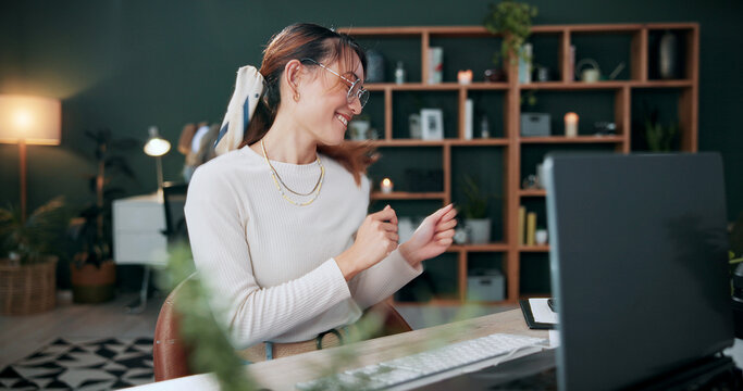 Happy, woman and celebration in office with laptop, good news or notification for ad campaign success. Person, smile and reward in creative agency with computer, marketing goals or positive feedback.