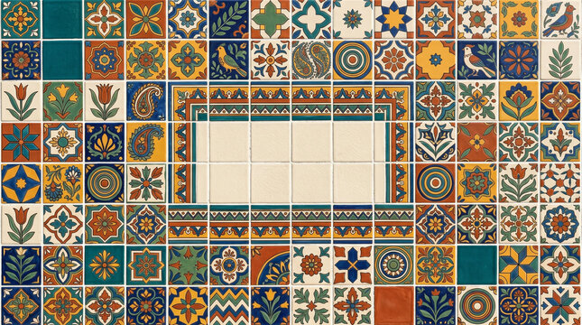 Vibrant decorative tile patchwork pattern with intricate geometric mosaic designs