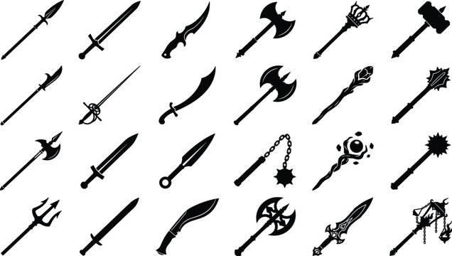 Medieval melee weapons and fantasy rpg equipment vector icon set featuring swords axes maces staves and spears in black silhouette style