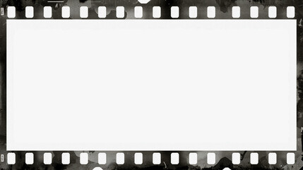 Fototapeta premium Vintage 35mm film strip frame with distressed grunge texture and authentic dark borders for cinematic photography projects, providing a wide central copy space for creative professional media design.