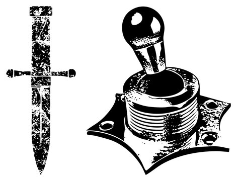 Gritty stencil style composition featuring a sharp blade or dirk alongside a retro arcade stick or joystick. These worn elements display a heavily textured halftone effect for a rugged look.