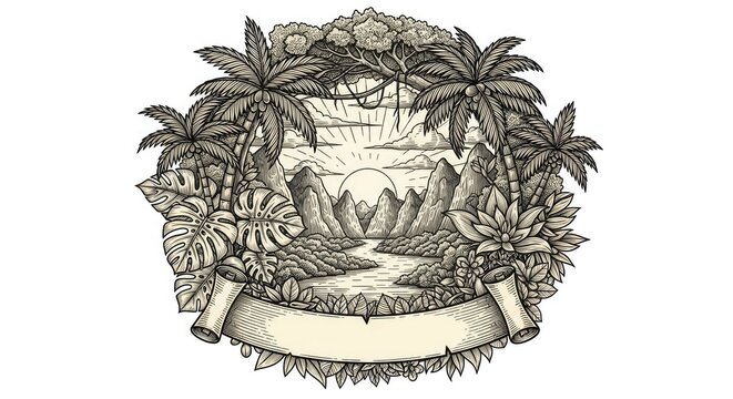 Vintage tropical landscape engraving with palm trees and banner.