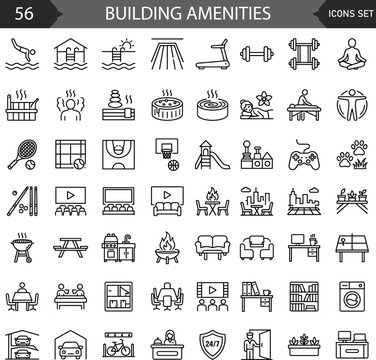 Building amenities line icon set featuring real estate apartment gym, hotel service pool, secure parking garage