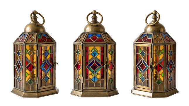 Set of 3 multi-angle views of vintage stained glass lantern rustic bronze metal handle ornamental lamp, transparent background, PNG
