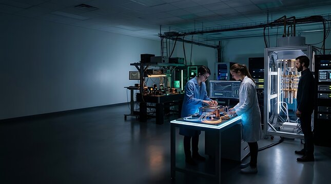 Scientists working on advanced quantum computer hardware in dark lab
