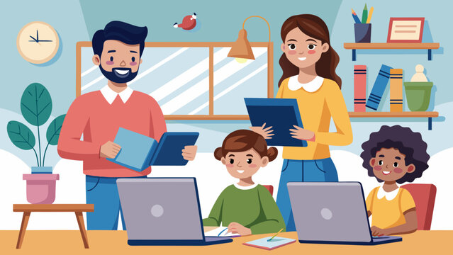 Family learning, parents and kids with laptops, home education, studying together