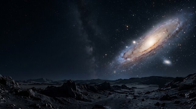 Majestic spiral galaxy glowing over a dark rocky alien landscape