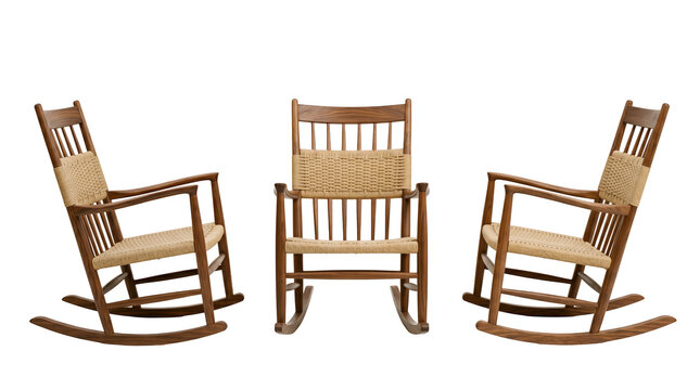 Set of 3 multi-angle views of classic high back wooden rocking chair comfortable spindle back armchair, transparent background, PNG