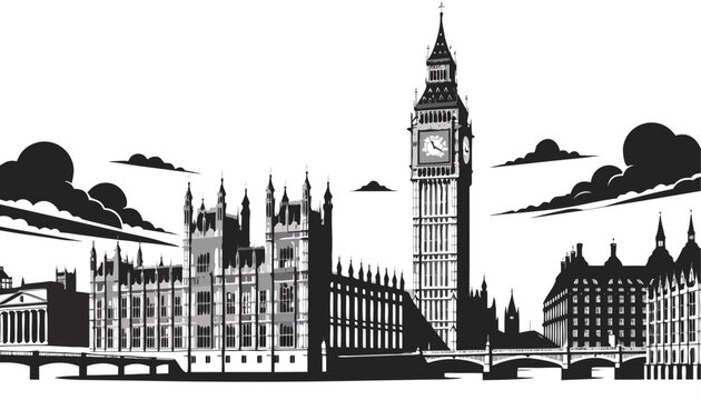 Very beautiful black-and-white vector illustration featuring London with Big Ben and the Palace of Westminster surrounded by engraved clouds, historic architecture, and dramatic monochrome city scener