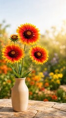 Fototapeta premium Blanket Flowers in Vase With Summer Garden Copy Space