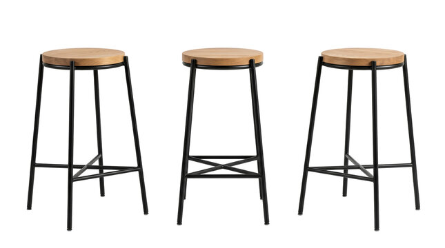 Set of 3 multi-angle views of industrial style tall round bar stool wooden top black metal frame legs, transparent background, PNG