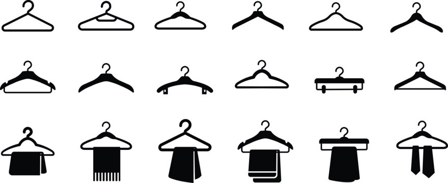 Clothes hanger icon set collection with wardrobe storage apparel organization laundry fashion boutique garment hanging symbols isolated on transparent background vector