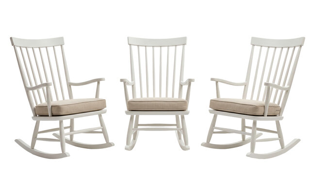 Set of 3 multi-angle views of classic white wooden rocking chair high spindle back nursery porch seat, transparent background, PNG