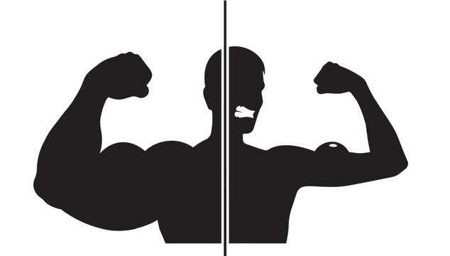 Conceptual black and white illustration of an expectation versus reality concept, comparing a massive bodybuilder bicep silhouette with a tiny weak ar
