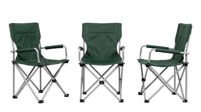 Set of 3 multi-angle views of folding camping chair green canvas fabric sturdy outdoor picnic seat, transparent background, PNG