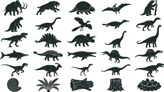 Prehistoric dinosaurs and ice age megafauna vector icon bundle featuring tyrannosaurus mammoth sabertooth fossil and extinct animals in dark grey silhouette style
