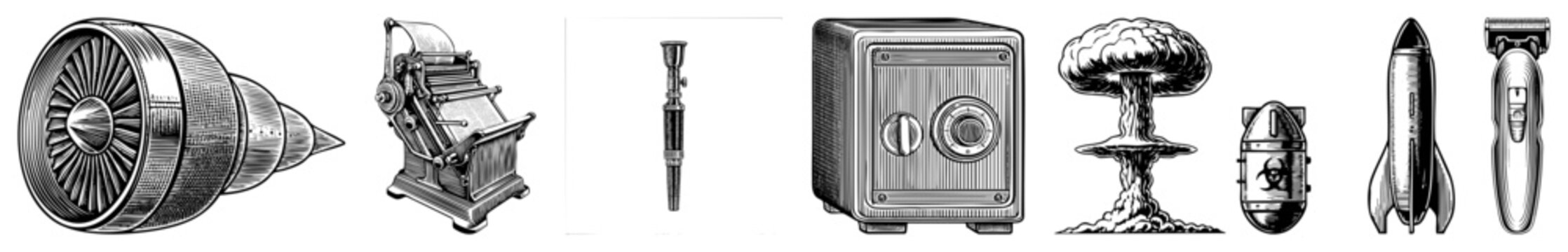 Diverse set of retro engravings featuring a jet turbine, a vintage typewriter, a safe, and a mushroom cloud. This collection includes various technical gear like a and a hair clipper.