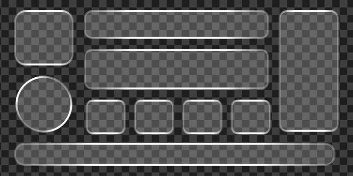 Set of rounded glass elements in different shapes in glassmorphism style. Liquid glass effect PNG. Glass panels with liquid glass effect. Liquid glass shapes collection for ui design and modern banner