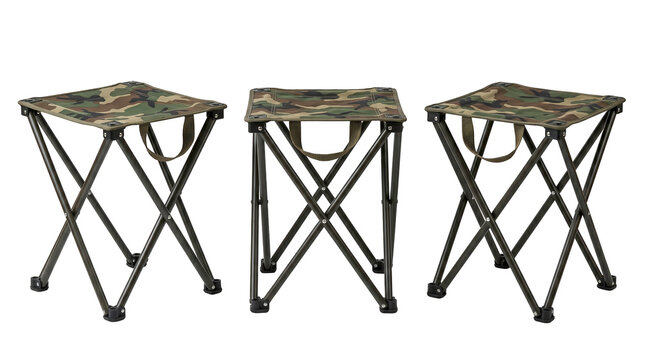 Set of 3 multi-angle views of portable folding camping stool camouflage textile seat outdoor furniture, transparent background, PNG