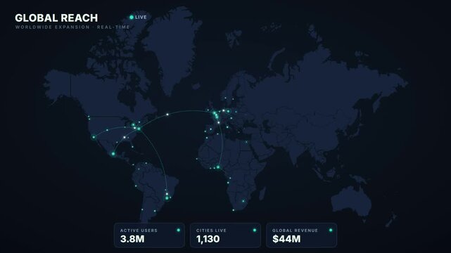 Global business expansion dashboard with world map network and rising real-time data metrics