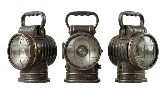 Set of 3 multi-angle views of antique iron railroad train lantern vintage glass lens industrial lamp, transparent background, PNG