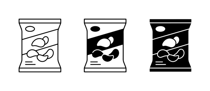 Snack Bag Icons: Potato Chips, Crisps, Packaged Food, Vector Graphics Set