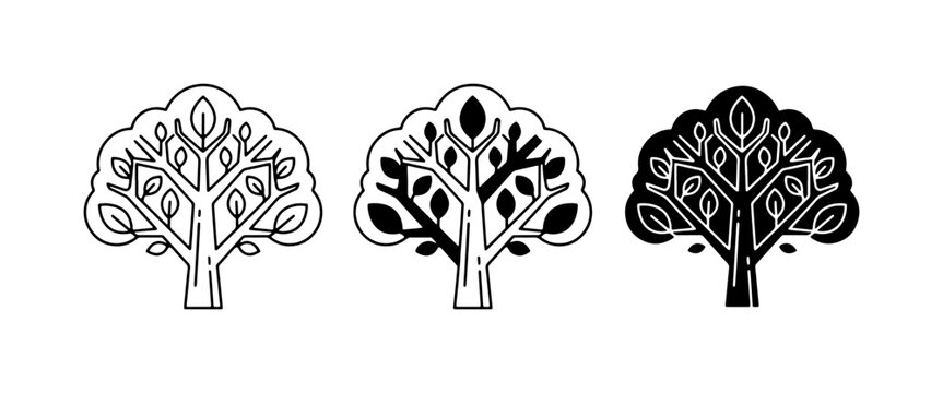 Stylized Tree Icons, Simple Vector Graphics, Nature Elements, Organic Shapes, Black and White Designs
