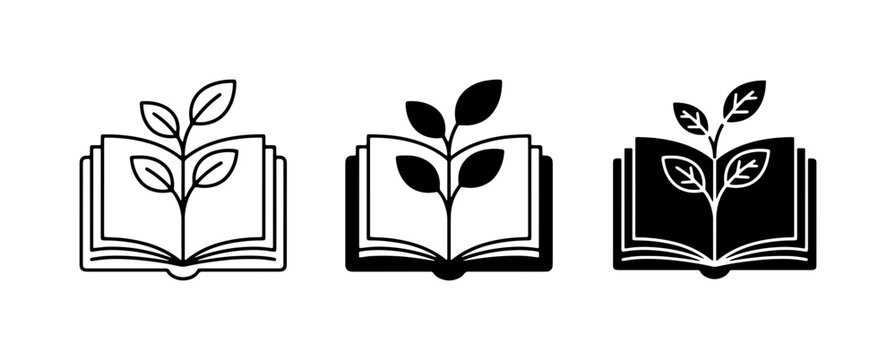 Open Book with Growing Plant Icons, Knowledge Growth, Learning Symbolism, Education Concepts