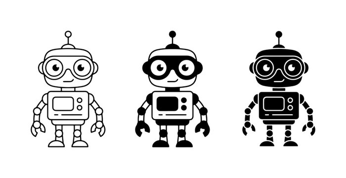 Cute Robot Icons Set, Retro Android Character Collection, Vintage Sci-Fi Machine Illustrations