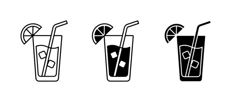 Refreshing Drink Icons: Outline, Solid, and Filled Cocktail Glass with Lime and Straw