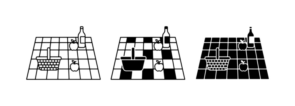 Picnic Icons: Basket, Bottle, Apples on Checkered Blanket, Vector Graphics