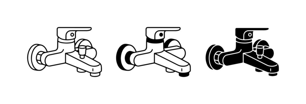 Bathroom Faucet Icons, Shower Mixer Vector Graphics, Plumbing Fixture Set