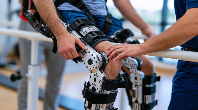 Physical therapist guides a stroke rehabilitation patient wearing a full-leg assistive exoskeleton through parallel bars in a clinical gym, close up hands adjusting a knee actuator joint, effort vis