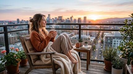 Obraz premium Woman holding warm cup on balcony chair in golden sunset above modern city rooftops