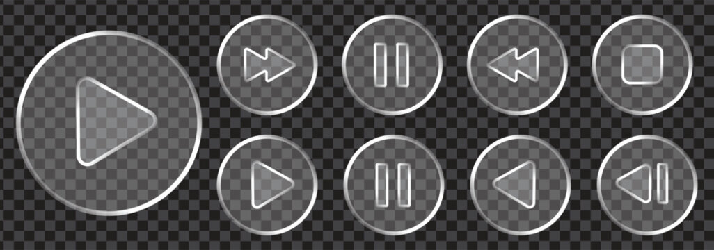 Sleek glass media player buttons with play, pause, and stop icons. Ideal for modern user interface design. Glassmorphism media player controls icon set with music, rewind, and fast forward buttons