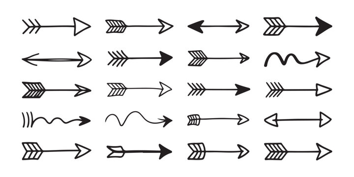 Set of feathered hand drawn arrows with various tips and tails for artistic project illustrations.
