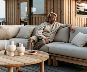 Fototapeta premium Man sitting on outdoor teak sofa on scandinavian cabin deck at golden hour surrounded by neutral linen cushions and minimal ceramic decor.