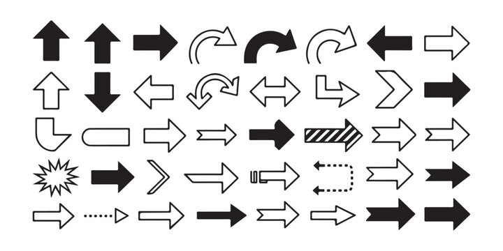 Assorted black arrow silhouettes and line art icons for navigation and interface design elements.