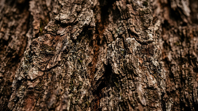Close-up detailed aview of rough natural tree bark texture in dark brown tones with organic patterns