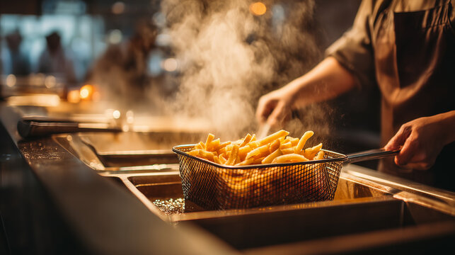Golden french fries being lifted from a deep fryer in a professional kitchen. Fast food preparation, restaurant service, cooking process and food industry concept.