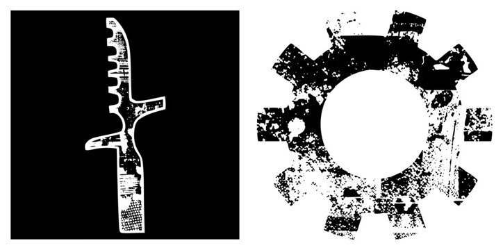 Gritty stencil design showcasing a serrated knife or butcher blade alongside a worn cogwheel. This rough tool set uses a heavy halftone texture to create a rugged, industrial look.