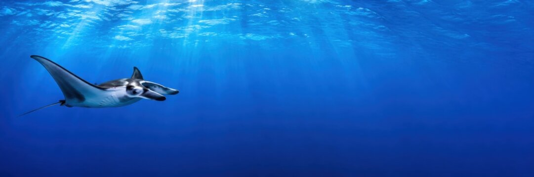 Devil Ray Swimming in Open Ocean With Banner Copy Space