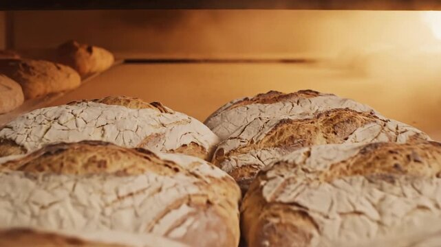 Artisan bread loaves baking in a hot oven, steam rising from crusty baked goods