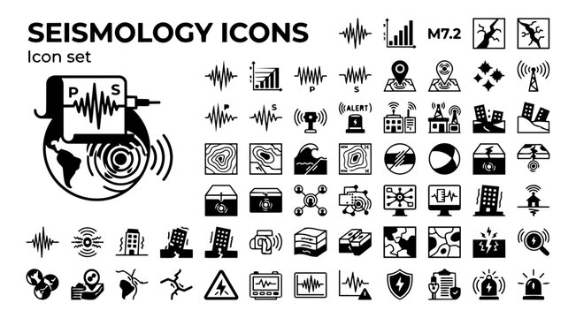 Seismology Earthquake Monitoring Icon Set Seismograph Wave Richter Scale Fault Line P Wave S Wave Epicentre Aftershock Early Warning Accelerometer Ground Motion Tsunami Vector