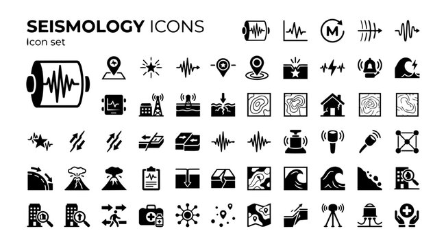 Seismology Earthquake Monitoring Icon Set Seismograph Wave Richter Scale Fault Line P Wave S Wave Epicentre Aftershock Early Warning Accelerometer Ground Motion Tsunami Vector