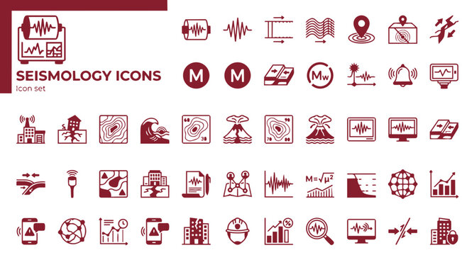 Seismology Earthquake Monitoring Icon Set Seismograph Wave Richter Scale Fault Line P Wave S Wave Epicentre Aftershock Early Warning Accelerometer Ground Motion Tsunami Vector