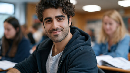 Fototapeta premium young Syrian refugee man in his twenties sitting at a community center language class desk, workbook open, integration program instructor beside him, fluorescent classroom light, hopeful focused exp