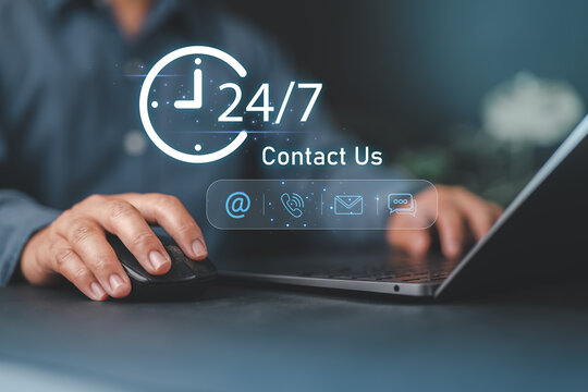 Customer service support concept showing 24.7 contact availability with a business professional using laptop for communication via email, chat, or call, symbolizing reliability.