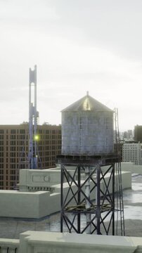 Several rooftops are visible with different structures. Buildings stand in the background under a gray sky. Water is seen on some rooftop surfaces, indicating recent rain.
